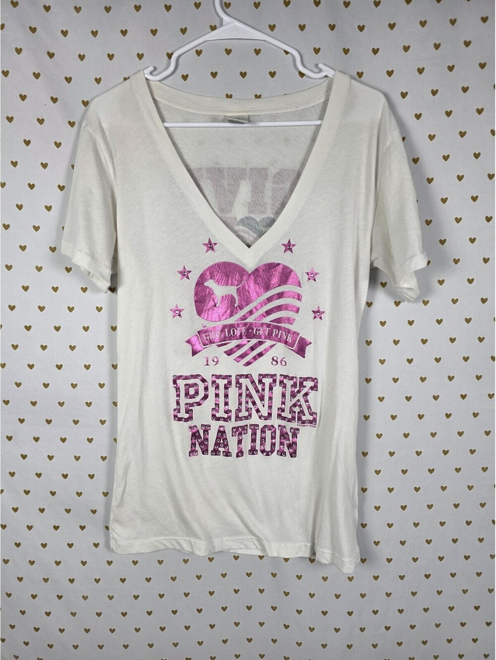 Victorias Secret PINK Vintage Collectors NATION Bling Tee Shirt V Neck Large